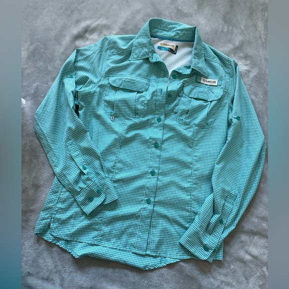 Magellan Outdoors Teal Checkered Button-Up Shirt - Picture 1 of 3